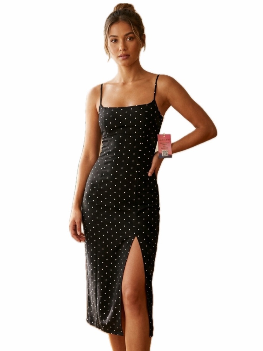 HALEY & JUNE WOMEN S BLACK/WHITE POLKA DOT SPAGHETTI STRAP MIDI SLIT DRESS NWT